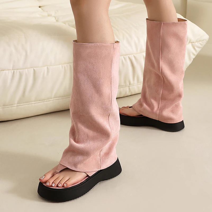 Plus Size Frosted Suede Material Flat Bottom Clip Toe Cover For Womens Summer Midsole Boots Breathable Lining Peep Toe Boots 250805