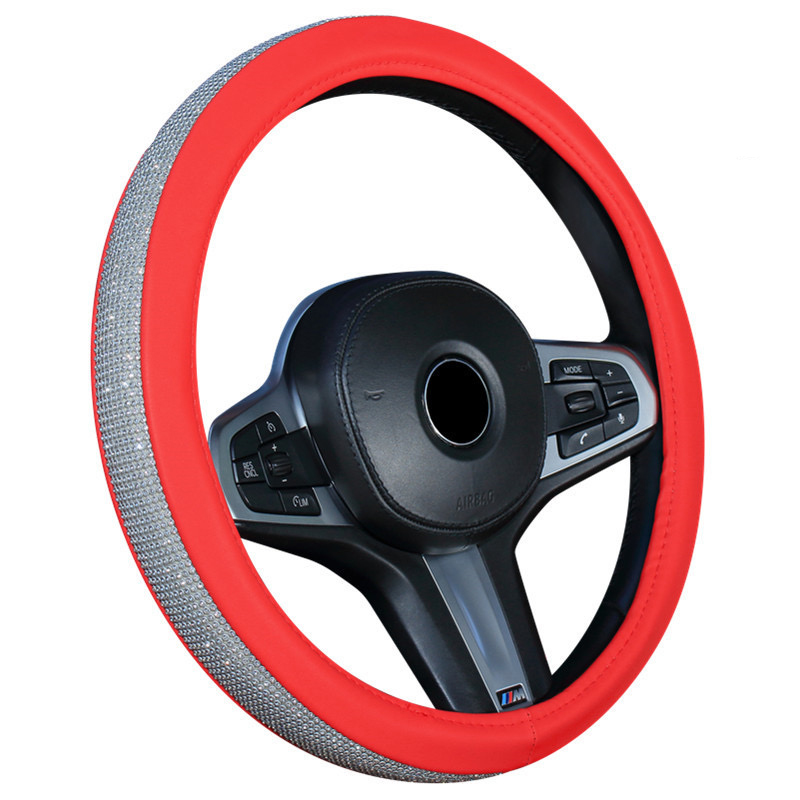 Cross-border white netted leather handle cover with sweat-proof and anti-slip anti-glare full-diamond steering wheel