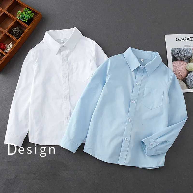Boys Casual Shirt Long Sleeve Solid White Blue 100% Cotton Kids Top Age 3-12 Spring School Uniform Children Party Clothing X250806