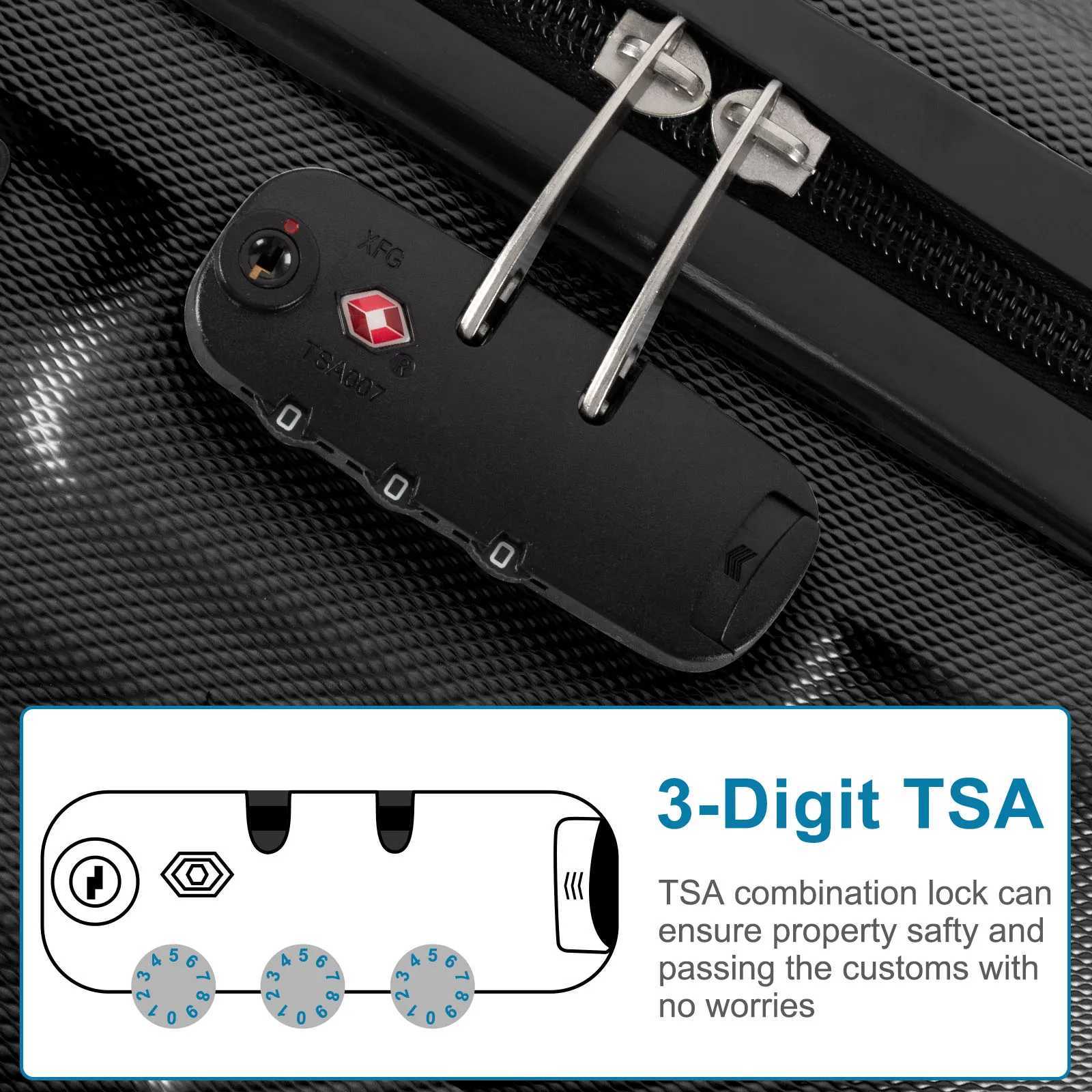 4 Piece Luggage Sets ABS Durable Suitcase Sets with Double Wheels and TSA Lock Black W250805