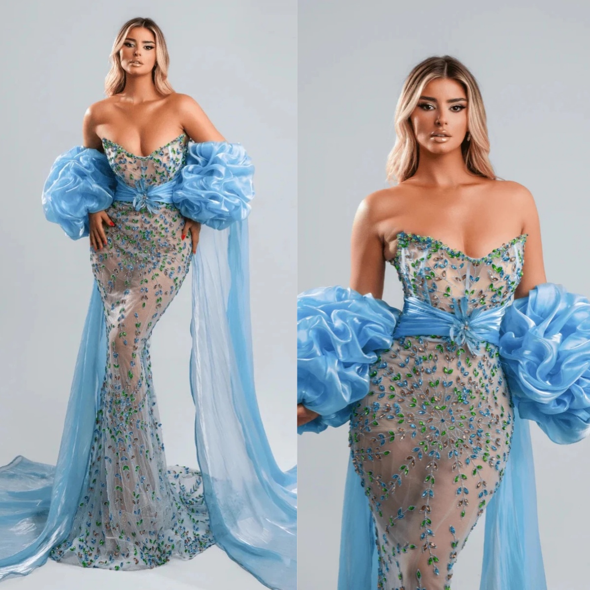 Gorgeous Crystal Evening Dresses Customized Sexy Beaded Strapless Prom Dress With Wraps Rhinestones Ruffle Party Gown