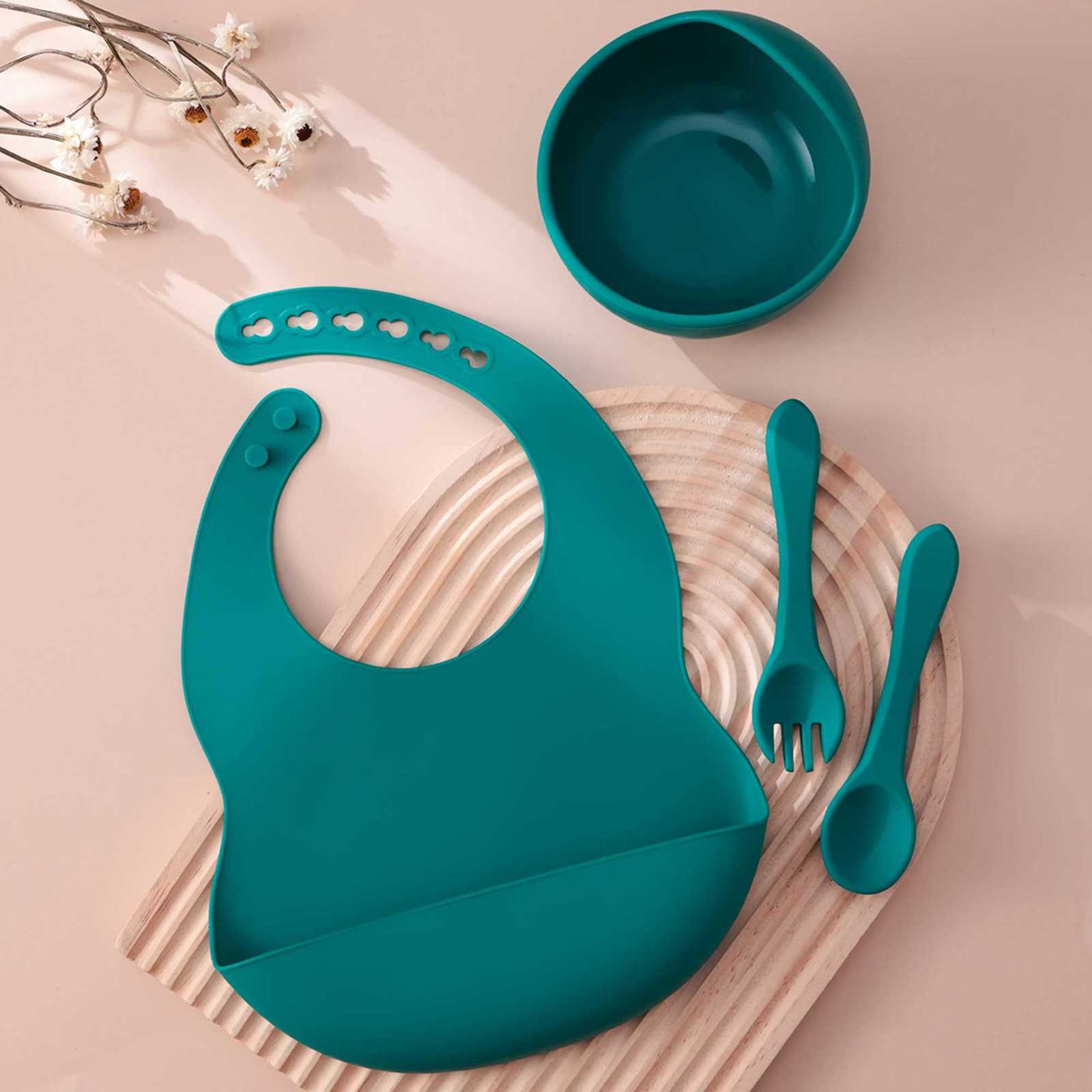 4PCS Color Kids Silicone Baby Feeding Set With Spoon Bib Suction Bowl BPA Free Toddler Training Spoon Fork Tableware Baby Supplies X250806