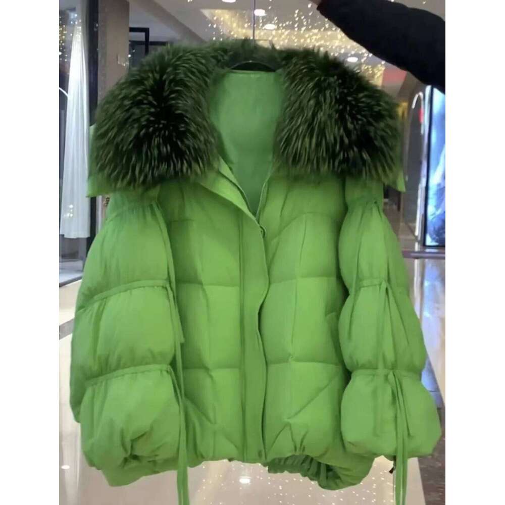 Winter Warm Real Natural Raccoon Fur Collar White Duck Green Bread Coat Female Elegant Lantern Sleeve Bow Down Jacket Wome 250806
