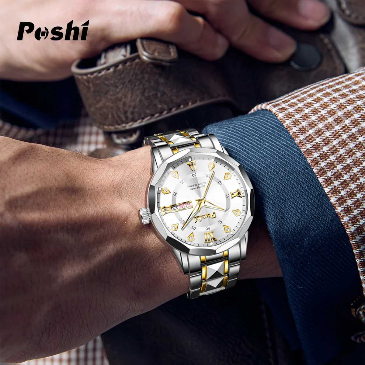 POSHI Mens Date Week Fashion Men Original Waterproof Non-mechanical Luminous Dual Calendar Quartz Wrist W250806