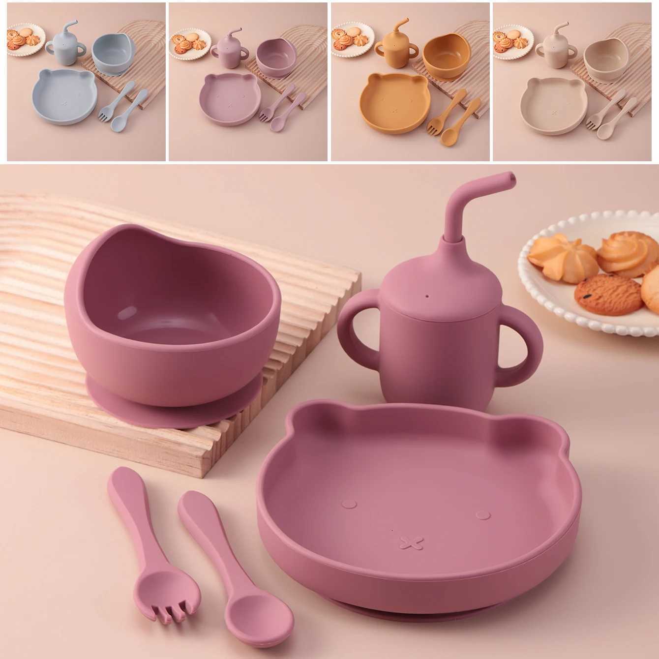 5PCS Color Kids Silicone Dinnerware Set Suction Bowl BPA Free Baby Dishes Plate Cup For Feeding Spoon Fork Training Utensils X250806