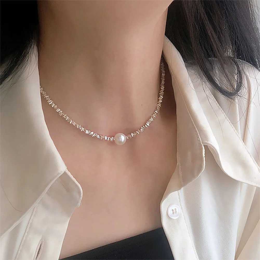 Shiny Silver Plated Single Simulated Pearl Necklace Simple Versatile Alloy Necklace Clavicle Chain Jewelry Accessory for Women Y250805