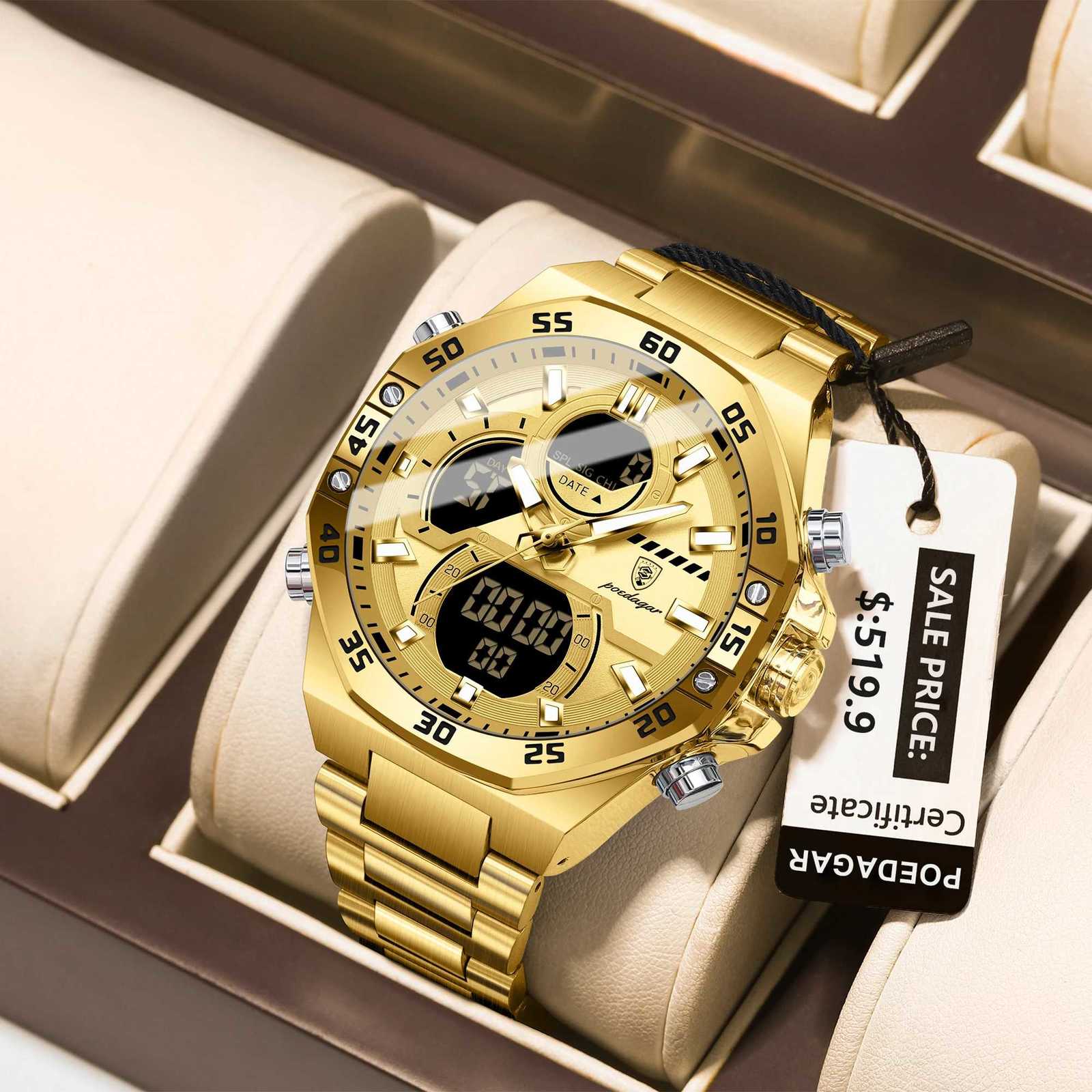 POEDAGAR New Mens Clock LED Luminous Waterproof Week Date Military Mens Electronic Wristwatch Stainless Steel Quartz Mens W250806