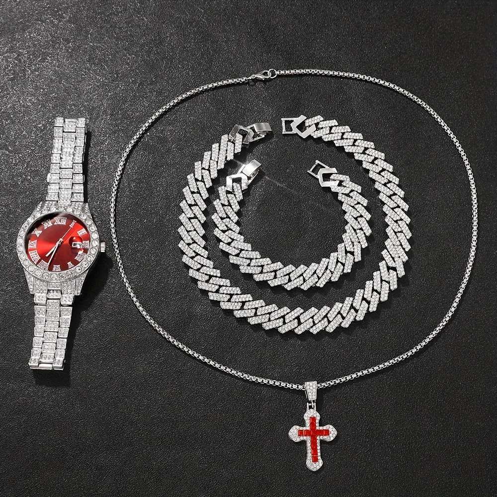 4Pcs/Set Personalized Handsome Hip Hop Mens Quartz Set 1Pcs +3Pcs Jewelry Set Fashionable Mens Selected Set W250806