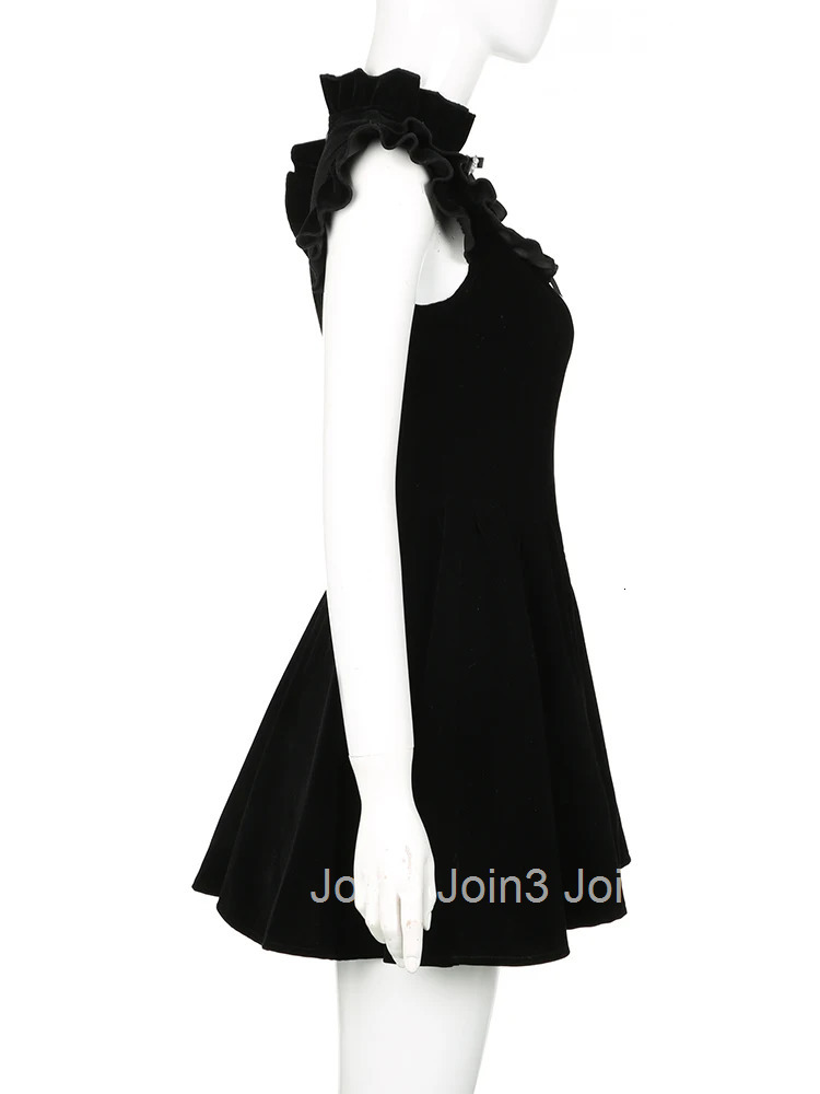 IAMSURE Elegant Fashion Velvet A-Line Dress Slim Solid Ruffles Sleeveless Mini Dresses For Women Autumn Winter Streetwear