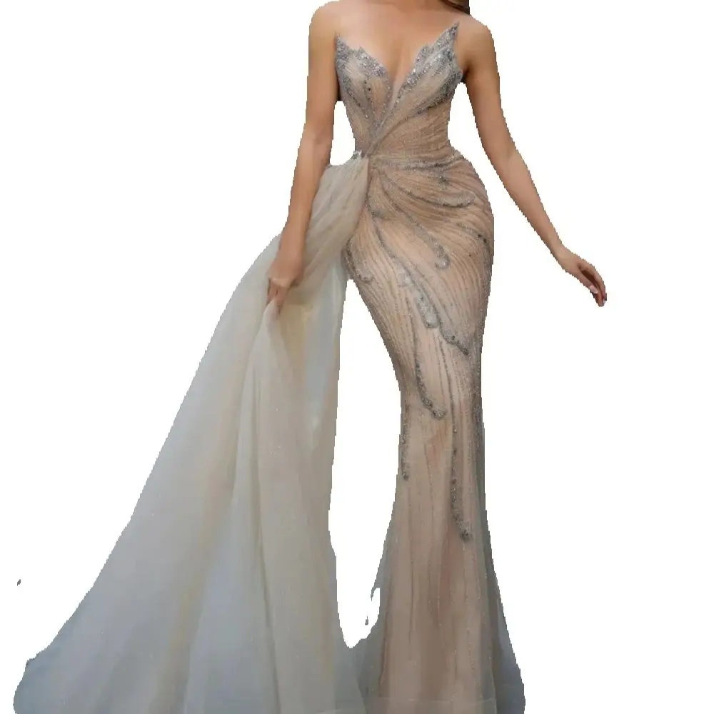 Sexy Beading Strapless Mermaid Evening Dresses With Side Train Vintage Crystal Sleeveless Floor Length Evening Gowns