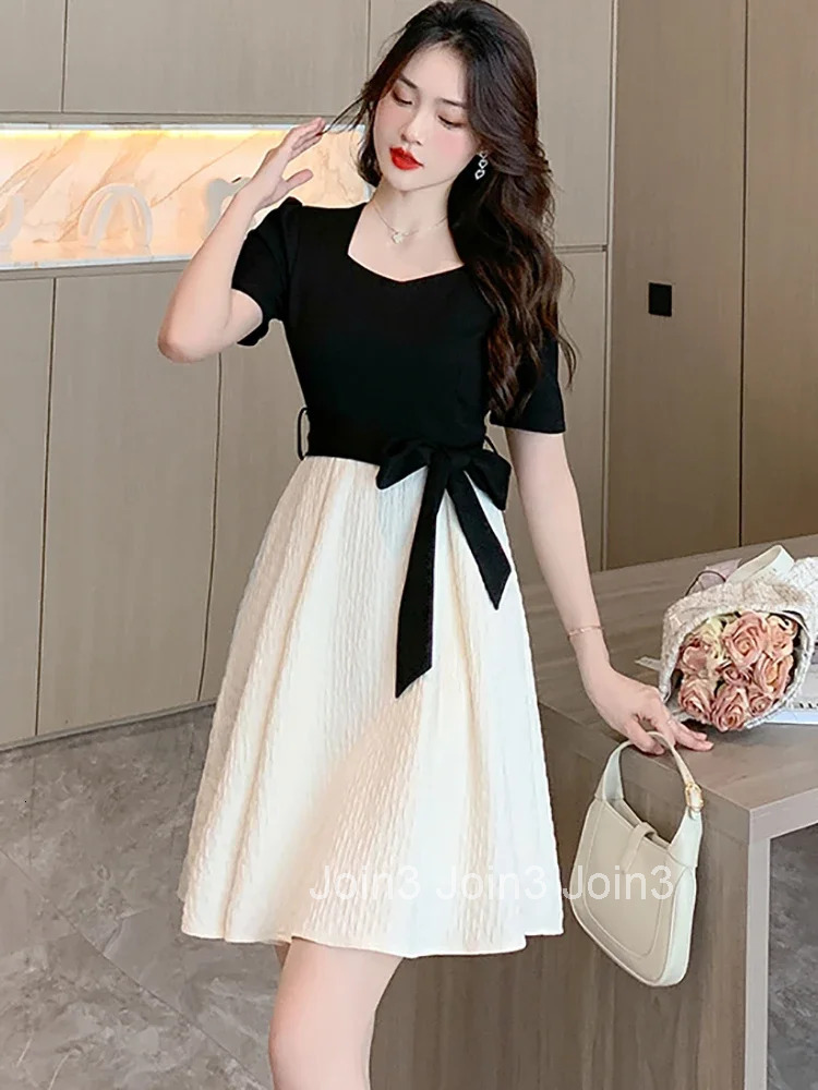 White Patchwork Black Chic Bow Midi Dress Summer Short Sleeve Sqaure Collar Casual Dress Women Korean Elegant Party Vestido
