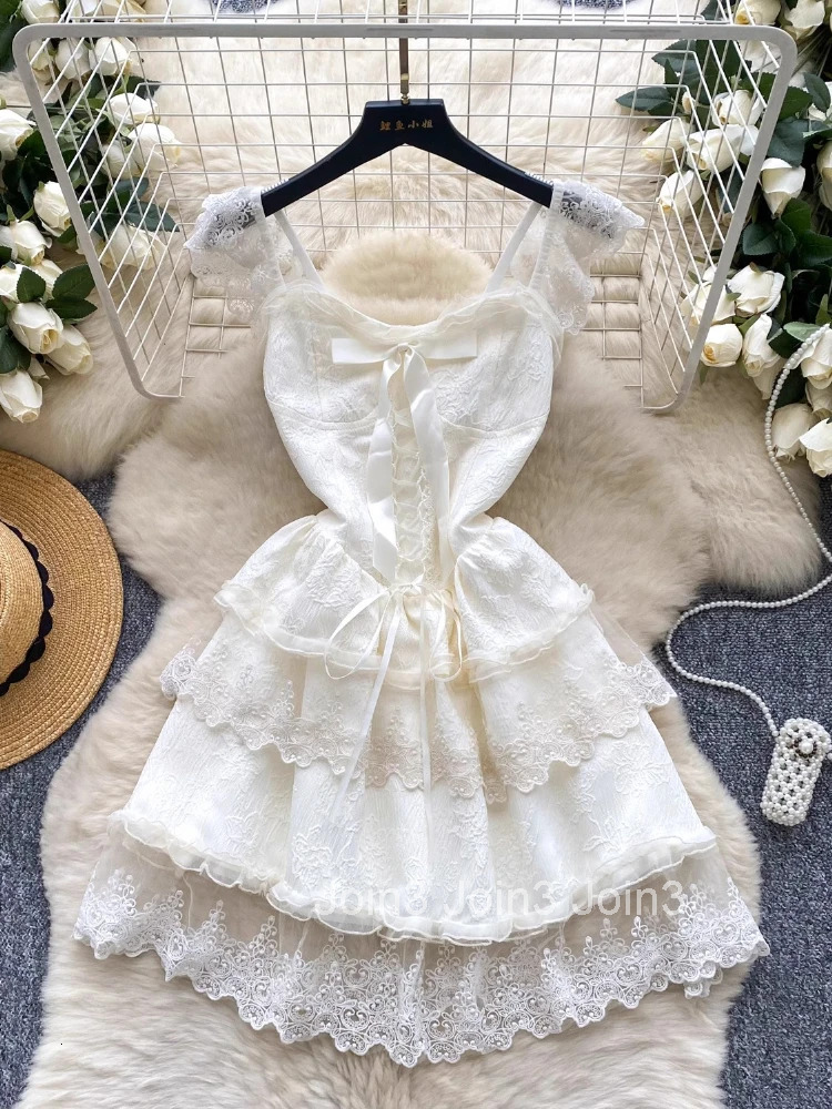 Japanese Sweet Lolita Jsk Dress Women Elegant Ruffles Lace Bandage Princess Strap Dresses Girls Y2k Kawaii Tea Party Mini Dress