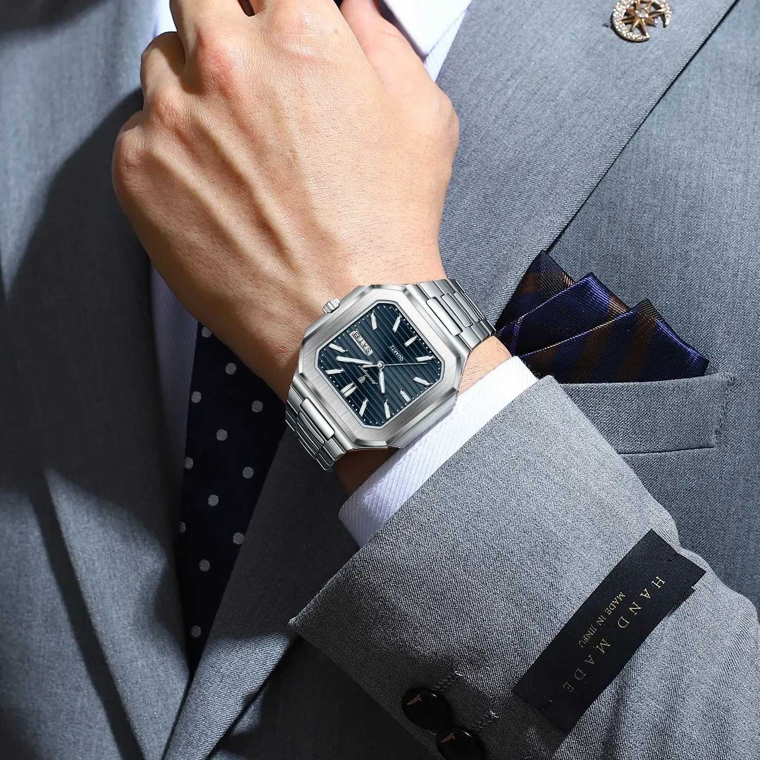 POEDAGAR Luxury Square Fashion Mens Wrist Waterproof Luminous Date Week Quartz Mens Stainless Steel Watch W250806