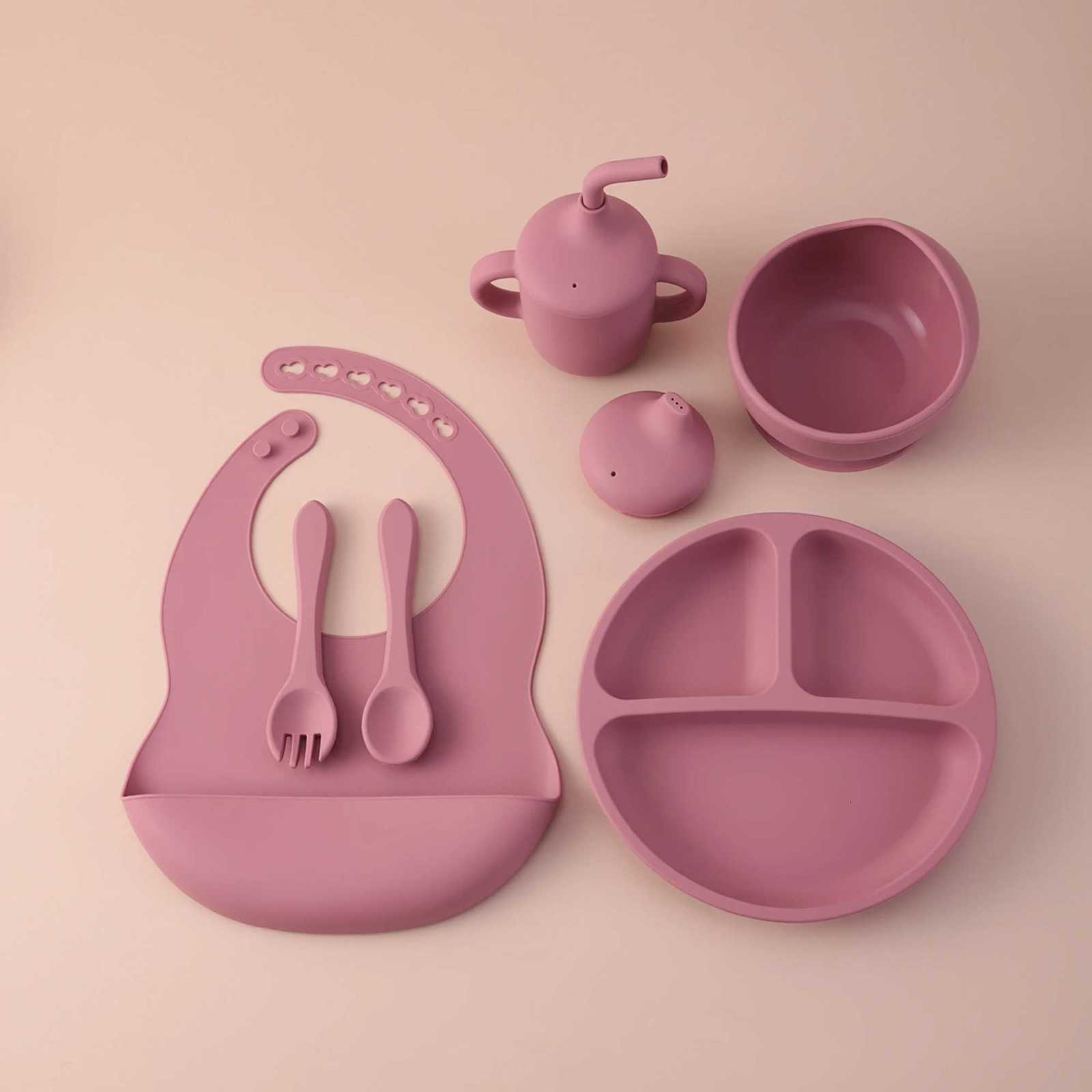 6PCS Silicone Feeding Set for Kids Color Divided Plates Sippy Cup Training Eating Cutlery Strong Suction Bowl BPA Free Tableware Set X250806