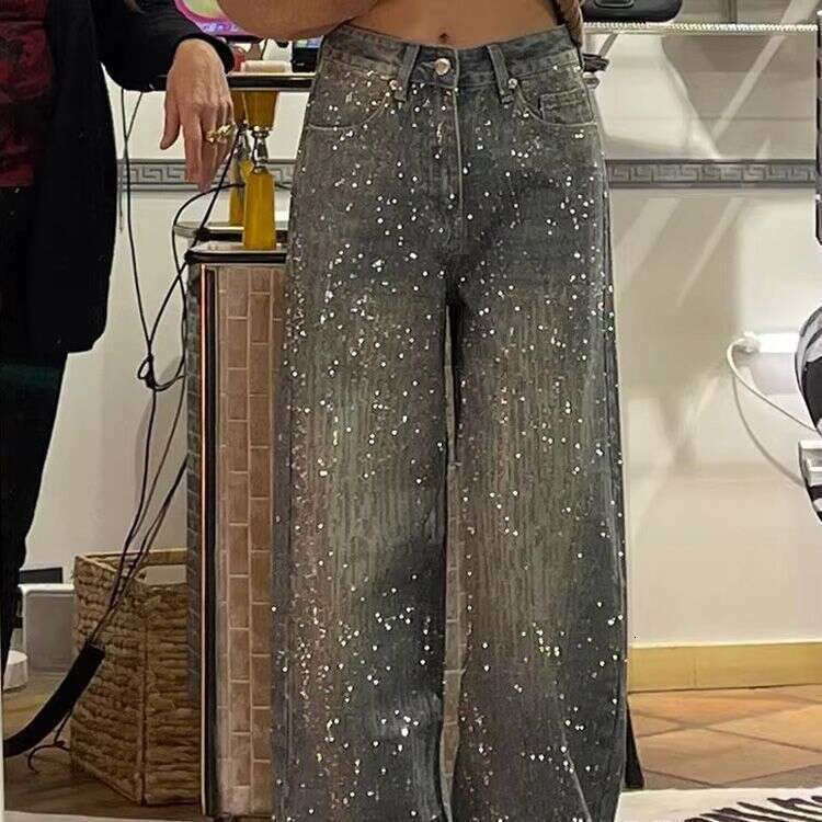 American Heavy Industry Full Rhinestone Patchwork Jeans for Women Y2K High Street Design Sense Niche Straight-Leg Floor-Length Pants