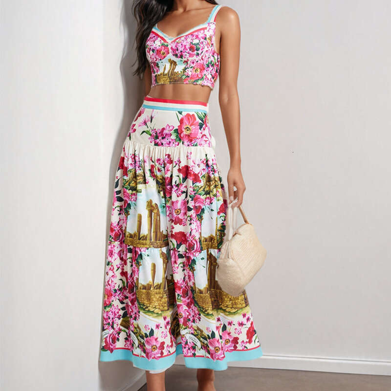 Women's Printed Strapless Camisole Top + High Waist Skirt Fashion Two-Piece Set For Women B5