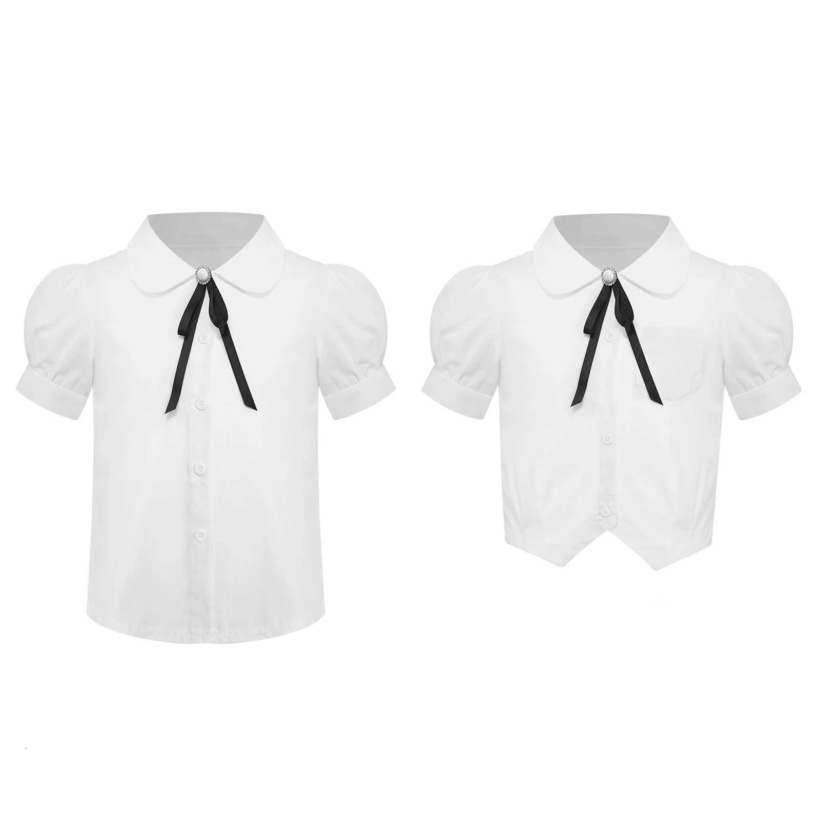White Kids School Girls Fashion Shirt Cute Short Sleeve Shirt Casual Solid Color Turn-Down Collar Bowknot Blouse Button Tops X250806