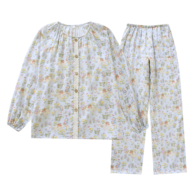 Spring and summer cotton double-layer gauze pajama set for home wear, soft digital printed breathable cartoon home wear set