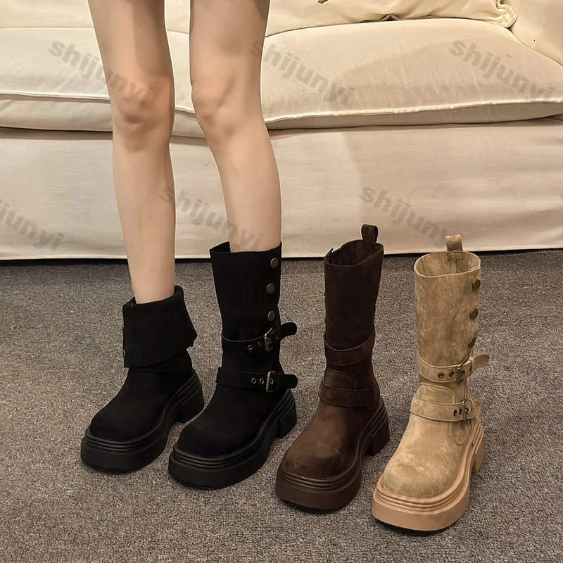 Women Chunky Western Cowboy Boots Fashion Platform Pleated Mid Calf Boots Spring Autumn Woman Vintage Mid-heel Comfort Boot 250805