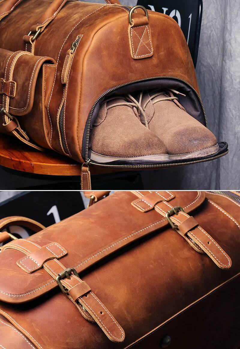 MUNUKI Vintage Crazy Horse Genuine Travel Lage men Leather duffle bag Large Weekend Bag Tote Big high-quality