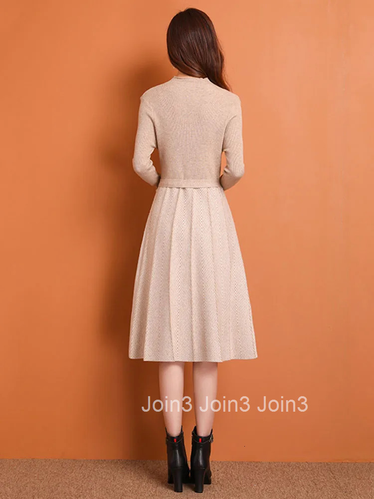 Women Elegant Knitwear Knee Length Vestidos Korean Stripe Knitted Midi Dresses With Belt Spring Fall Slim Long Sleeve Elbise New