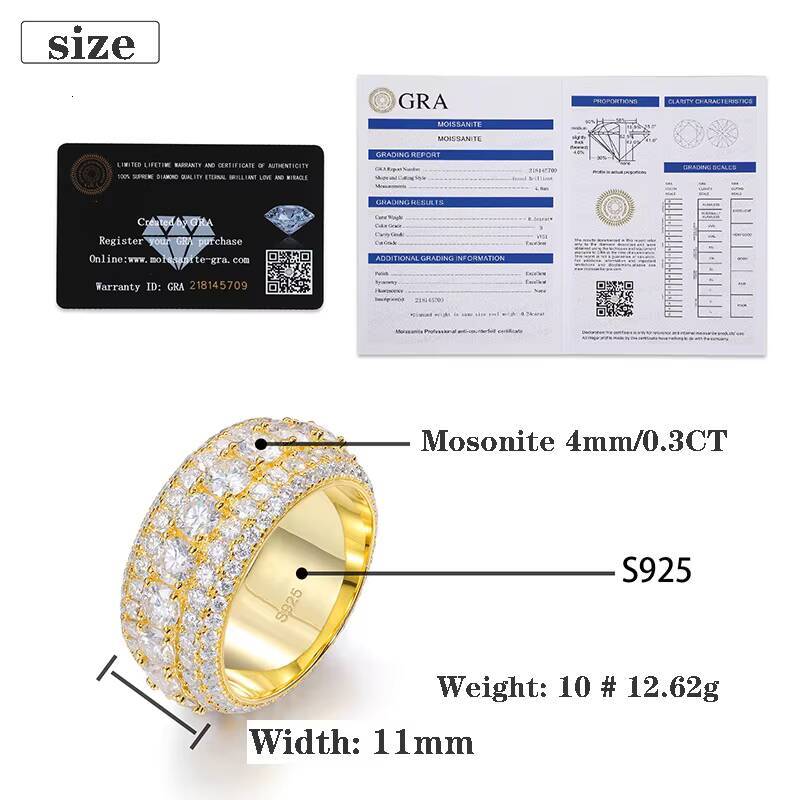 VVS Moissanite Cuban Link Ring for Men | 925 Sterling Silver Gold Plated Iced Out Hip Hop Diamond Band