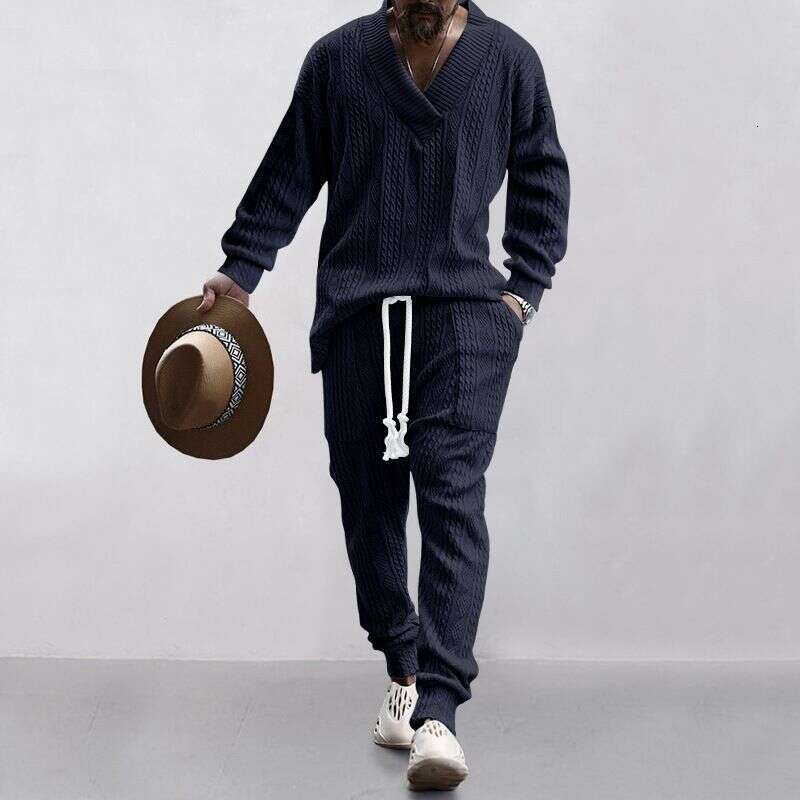 Designer Leisure High Quality Clothing Casual Trousers V Neck Versatile Jacquard Sweater Men's Autumn Suit