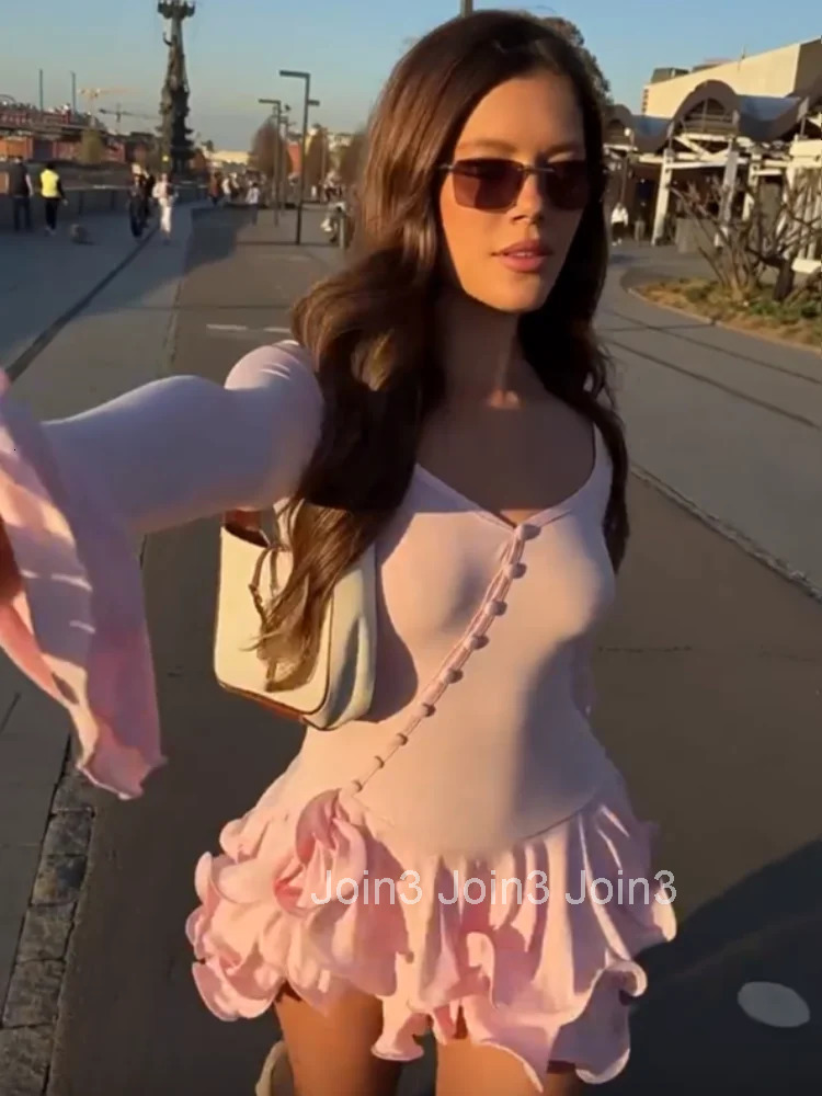 Elegant Solid Ruffles Hem Flare Sleeve Mini Dress For Women Irregular Single-breasted High Waist Dresses Lady Street Robe