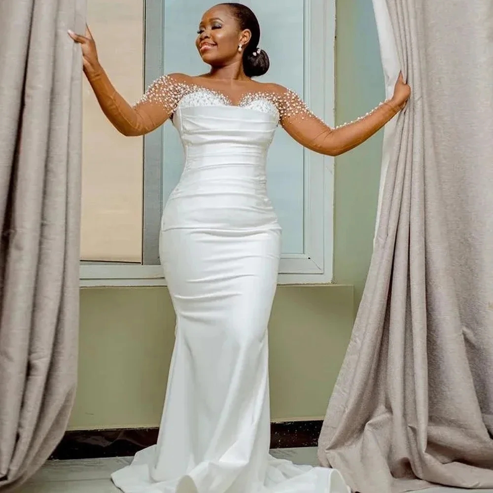 2025 Stunning Shinny Pearls Arabic Aso Ebi Wedding Dress For Bride Illusion Long Sleeve Mermaid Pleated Satin Bridal Gown Vestido de novia