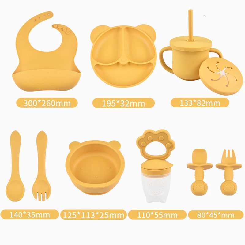 9PCS/Set BPA Free Silicone Baby Feeding Set Sucker Bowl Divided Dining Plate Straw Cup Spoon Fork Adjustable Bib Children Dish X250806