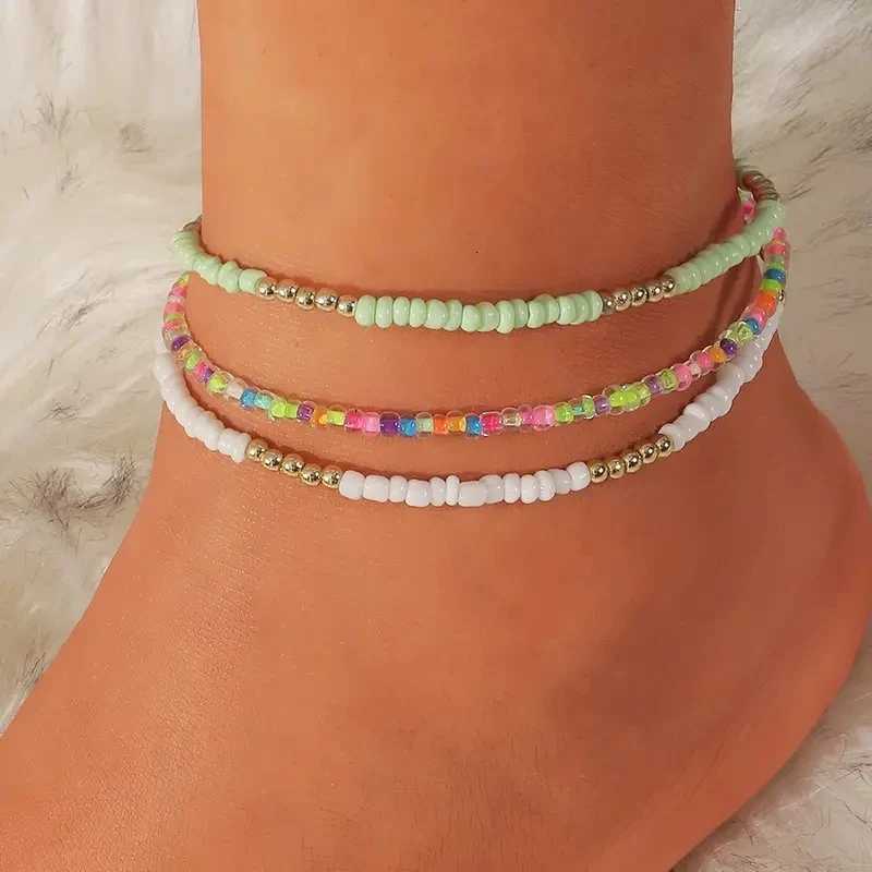 Huitan Boho Blue Beads Shell Anklet Chains for Women Multi-layers Metal Leg Accessories Barefoot Beach Summer Jewelry Y250805