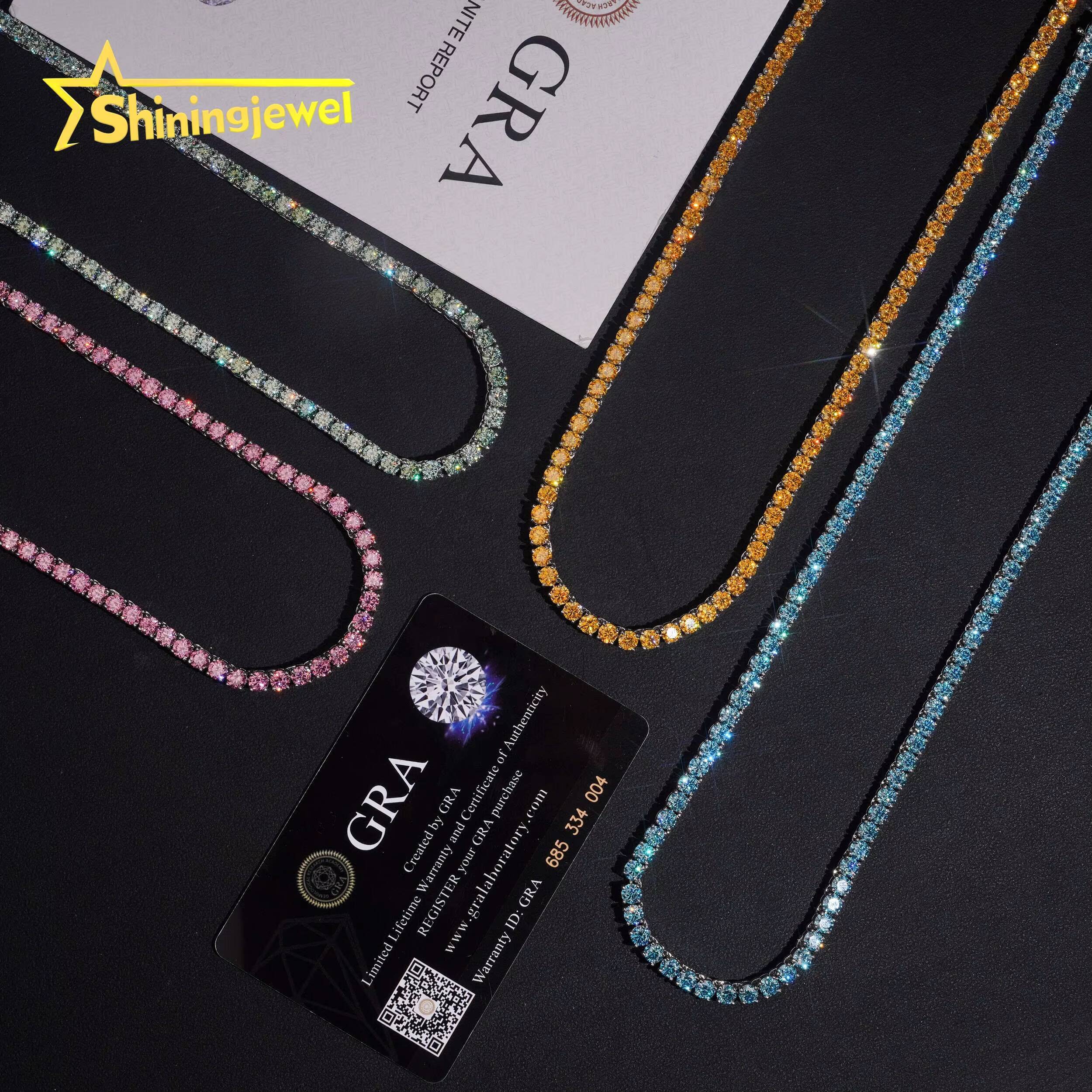 Classic Popular Pink Blue Yellow 925 Sterling Silver Hip Hop Color VVS Moissanite Tennis Chain
