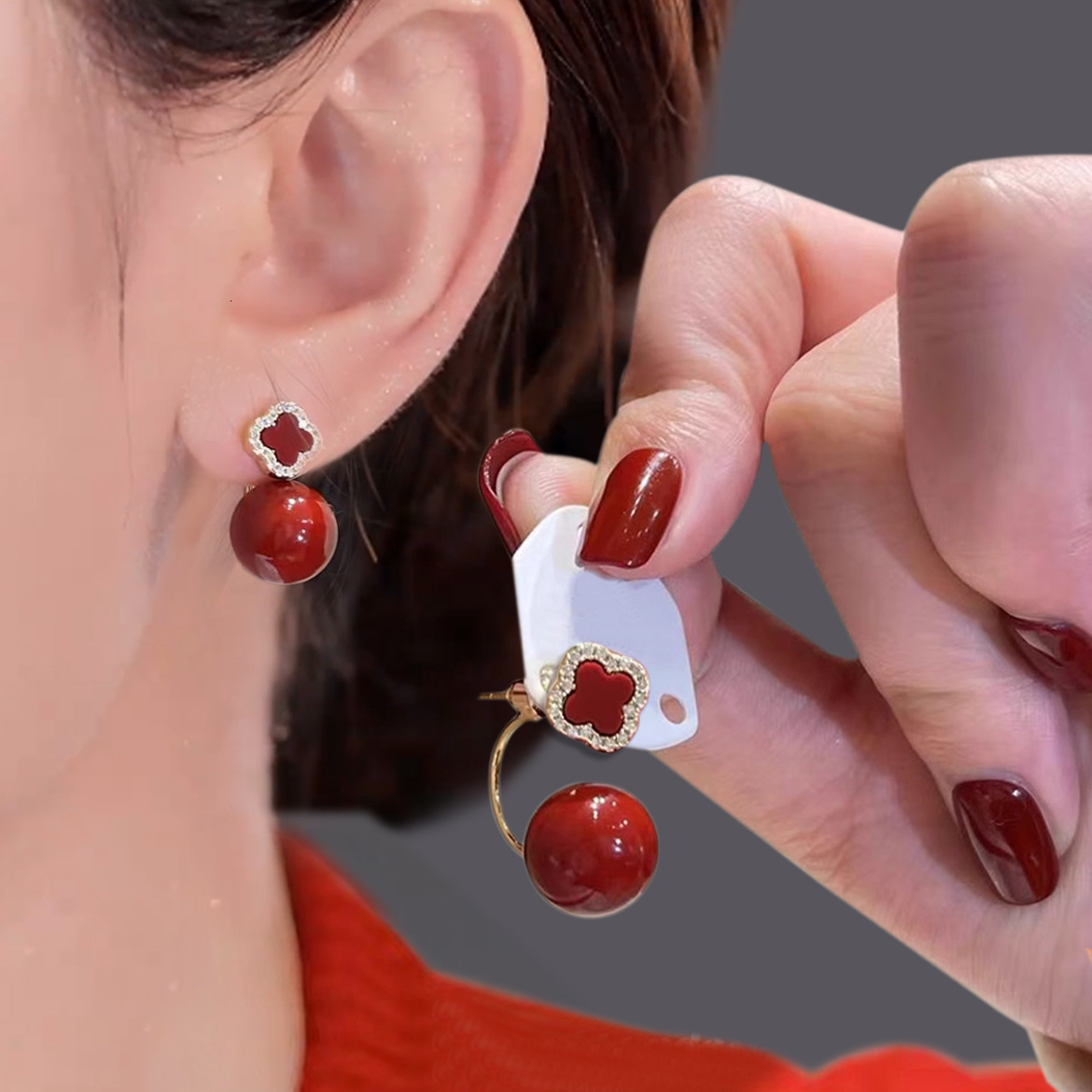 Free Shipping Designer Luxury Jewelry Red Four-leaf Flower Pearl Earrings Front And Back Wear 925 Silver Needle Stud Earrings New Ear Accessories