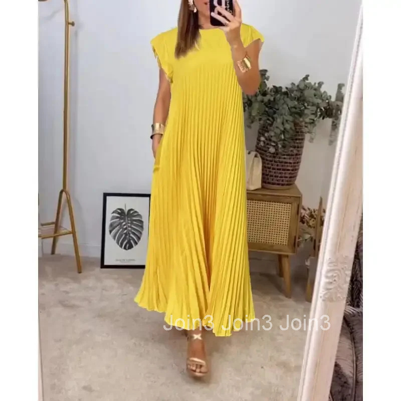 Women Pleated Simple Solid Colour Dress Elegant Maxi Dress with Side Pockets Breathable A-line Summer Commute Vacation Clothing