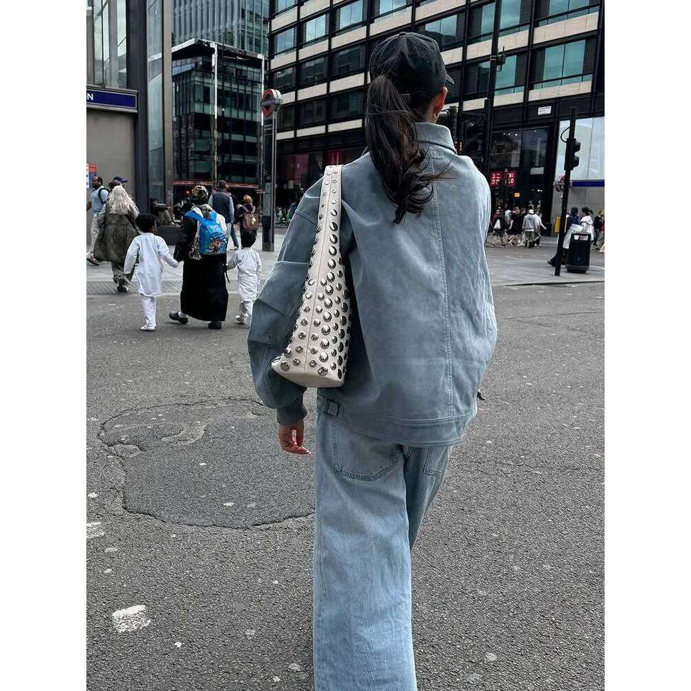 Vintage Blue Suede Loose Jacket Women Elegant Lapel Lantern Long Sleeves Zipper Coats Autumn Chic Female Commute Street Wear