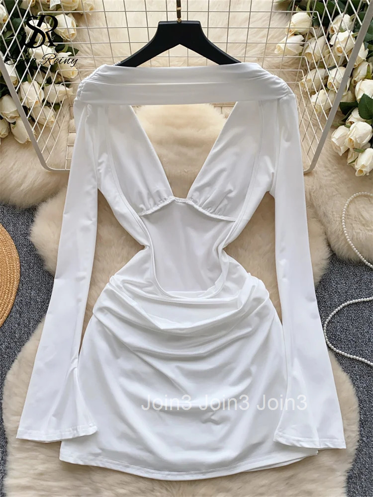 American Senior Sexy Dress Deep V Neck Long Sleeves Backless Chic Fashion Female Hotsweet Short Bodycon Dress