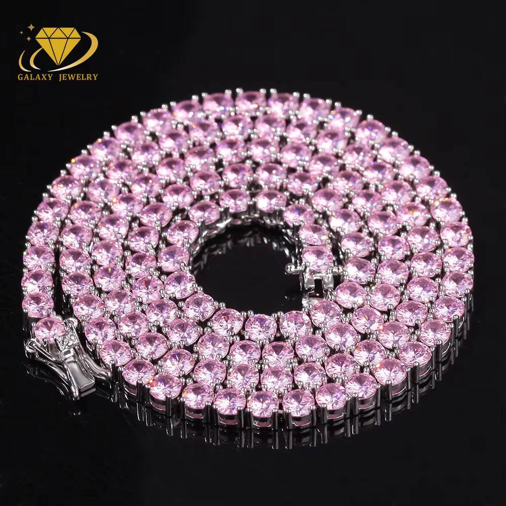 Wholesale Custom Jewelry White Gold Plated 3mm 4mm 5mm Men Women Iced Out Blue Pink Moissanite Diamond Chain Tennis Necklace