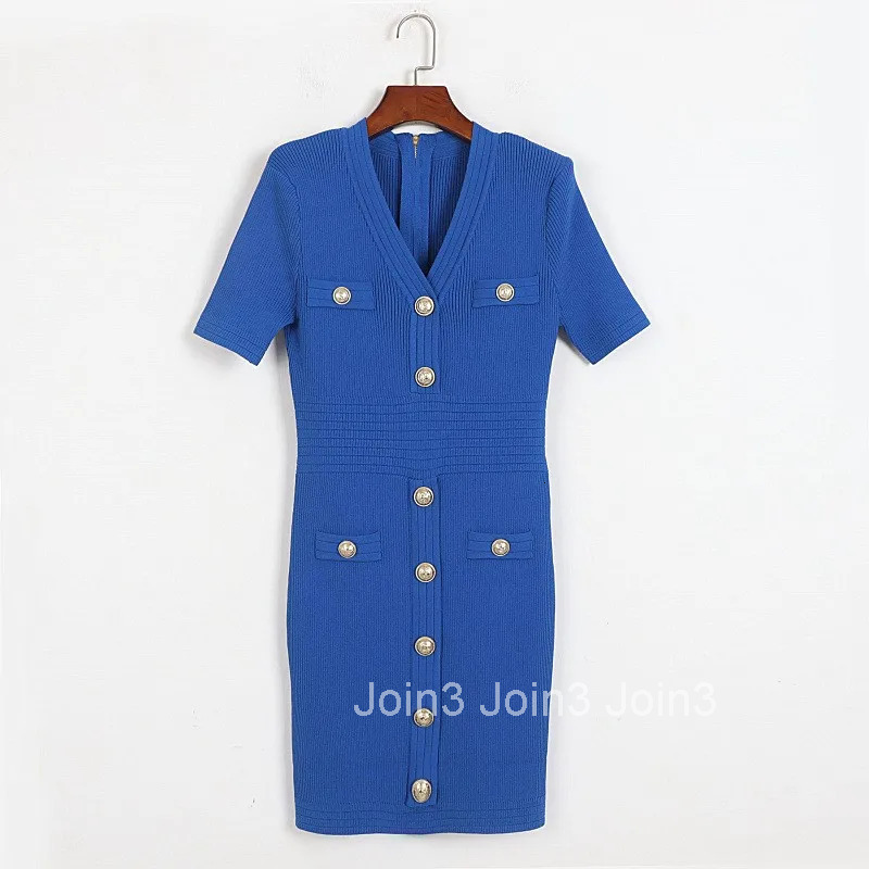 New Elegant Knit Short Dress Metal Single Breasted Fashion Summer Dress For Women French Zipper Solid Slim Chic Vestidos