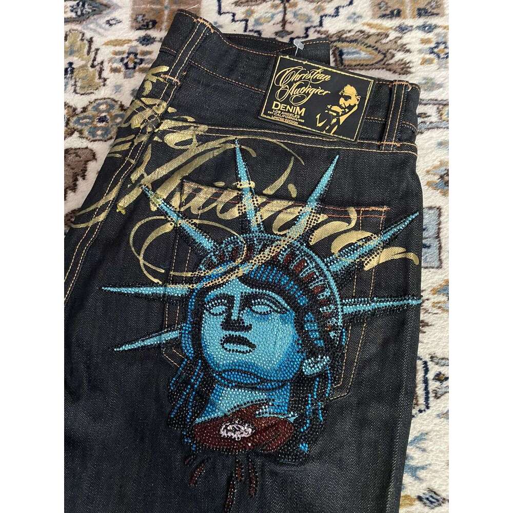 American Style Statue of Liberty Rhinestone Jeans for Men High Street Design Loose Versatile Straight Pants Trendy