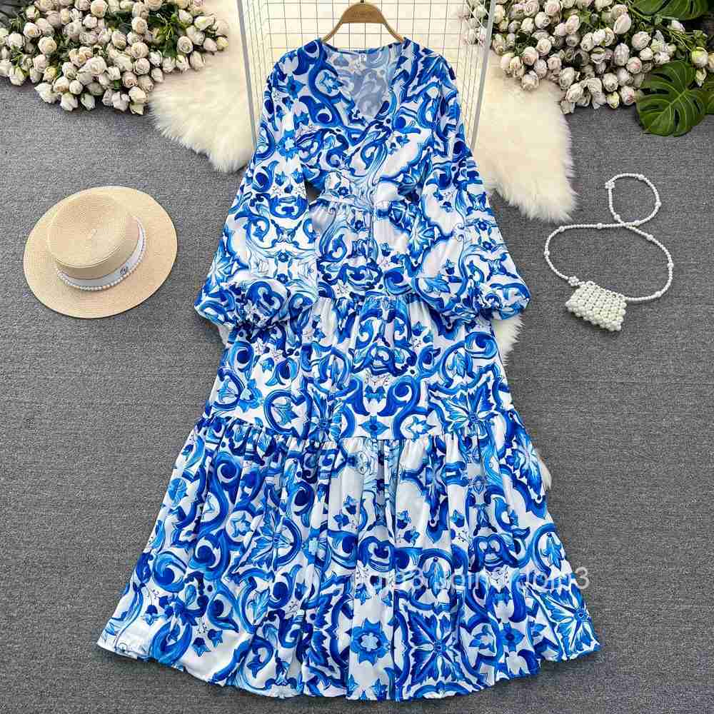 Chic Print Elegant Women Long Sleeve Lace Up Loose Maxi Dress A-line High Waist Holiday Party Female New Autumn Fashion Robe