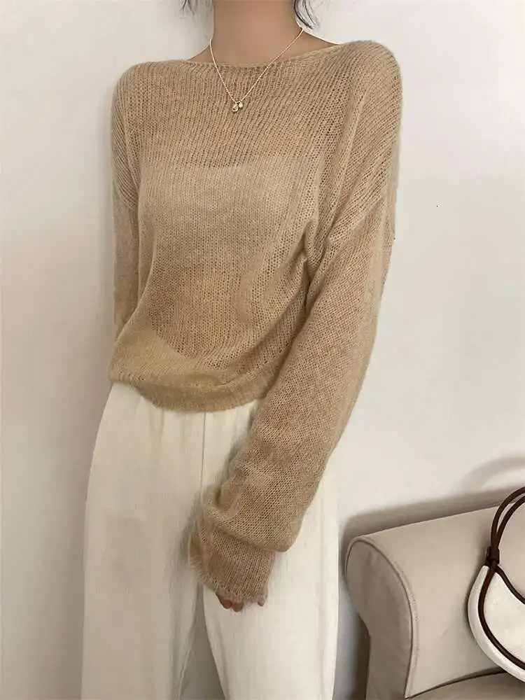 LANMREM Thin Knitted Sweater Women Long Sleeves Solid Color Transparent Pullover Female Fashion Top 2025 Spring Winter 2R4360 250806