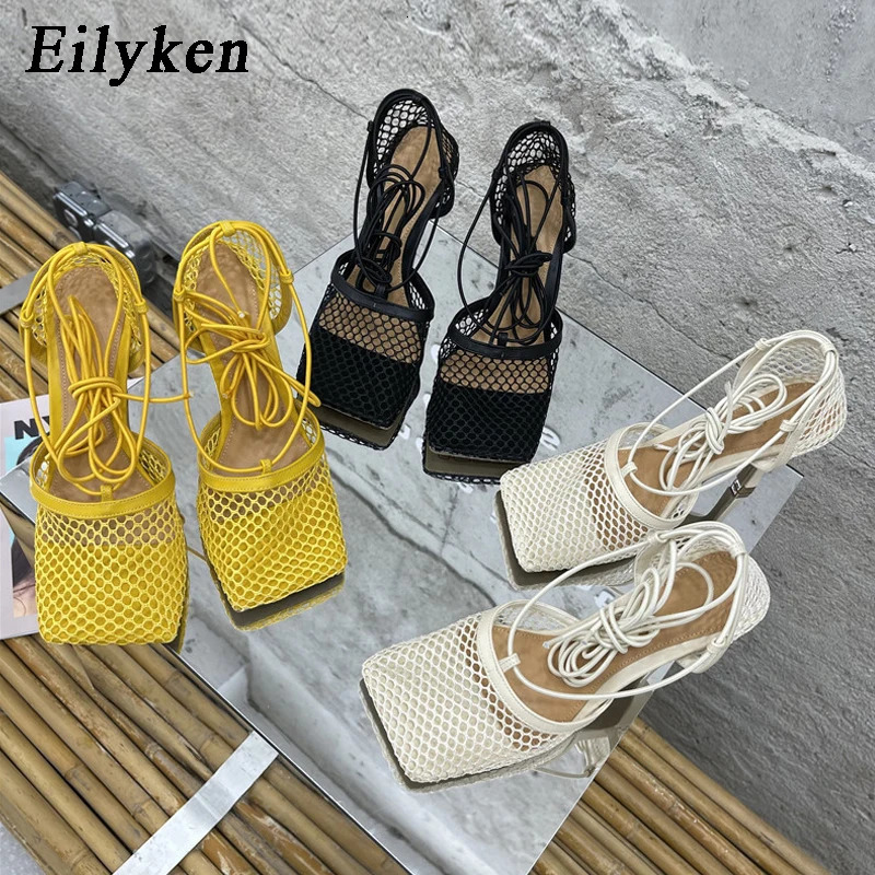 Eilyken Sexy Mesh Pumps Sandals Female Square Toe High Heel Lace Up Cross-Tied Stiletto Hollow Dress Shoes Zapatos Mujer 250731