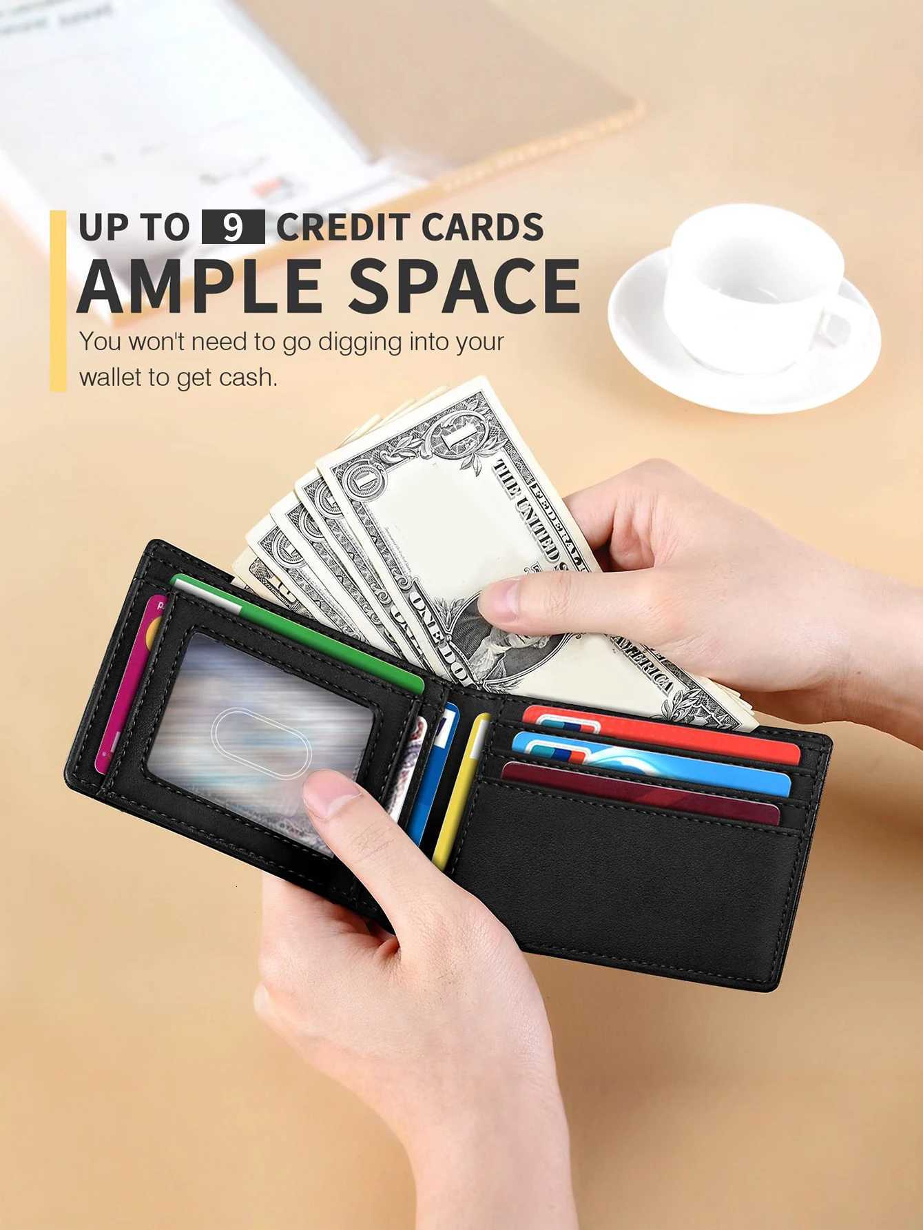 Mens Ultra-Thin RFID Double Fold Wallet Minimalism Carbon Fiber Pattern Ultra-Thin Card Holder Fashionable Wallet with ID Window XJ250806