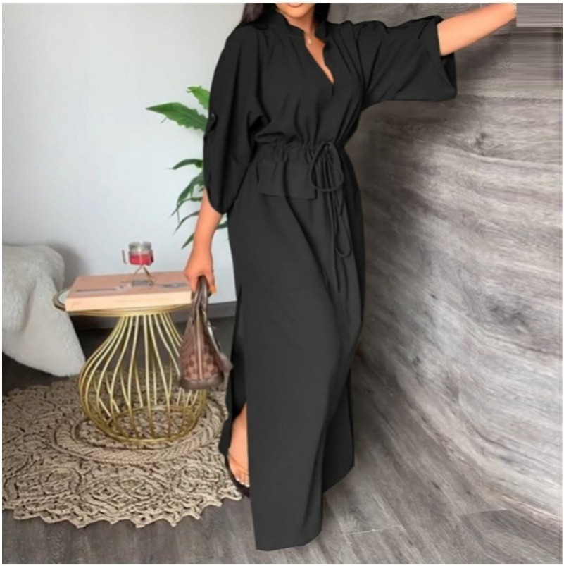 (791) New Style Temperament V-neck Tie Waist Loose Casual Large Size Dress