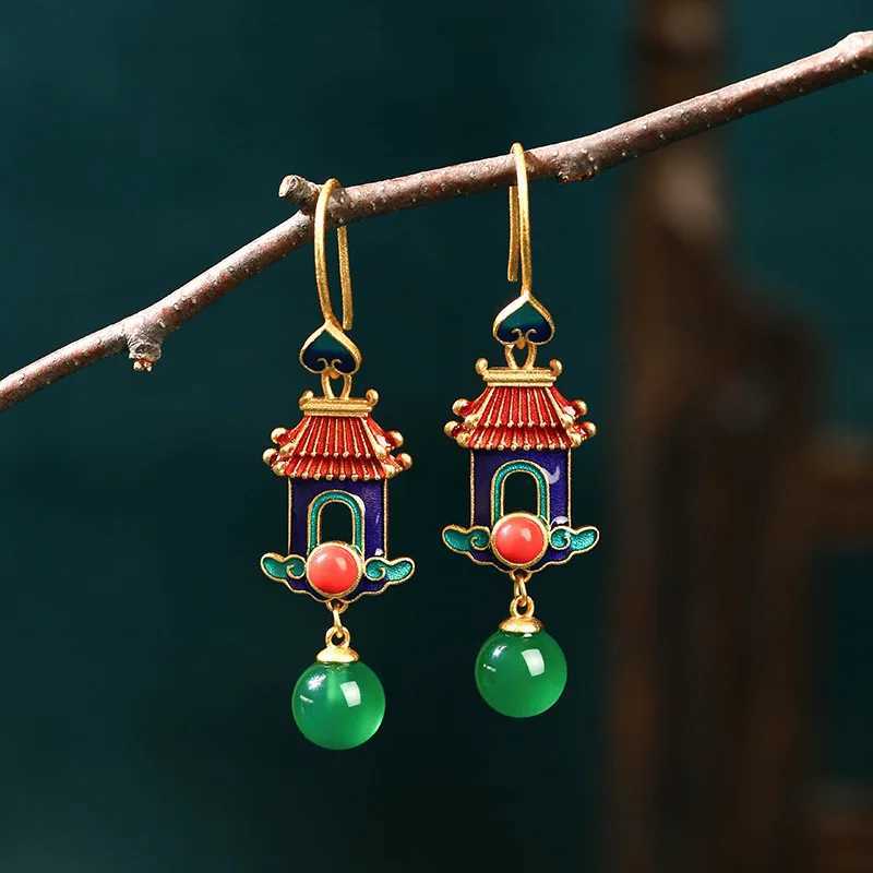 Ethnic Chinese Green Jade Earrings for Women Painted Enamel Hollow Design Luxury Jewelry Water Drop Shaped Pendant Retro Gifts Y250805