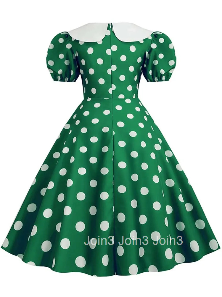 Elegant Women Summer Dress Puff Short Sleeve Polka Dot Peter pan Collar Vintage A-line Midi Long Party Sundress Robe Femme