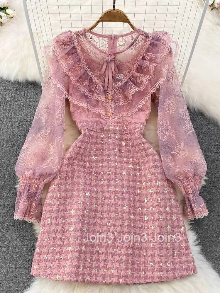 Autumn Luxury Flower Embroidery Mesh Patchwork Sequined Tweed Dress Women Ruffled Petal Sleeve Bow A Line Short Party Dresses