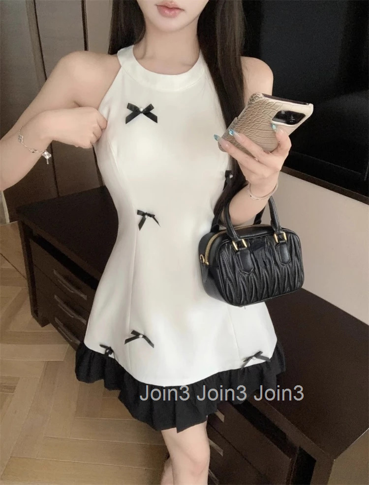 Vintage Dresses Women Bowknot Sleeveless Halter Ruffles Summer New Slim Elegant Mini Dress Party Chic Female Sweet