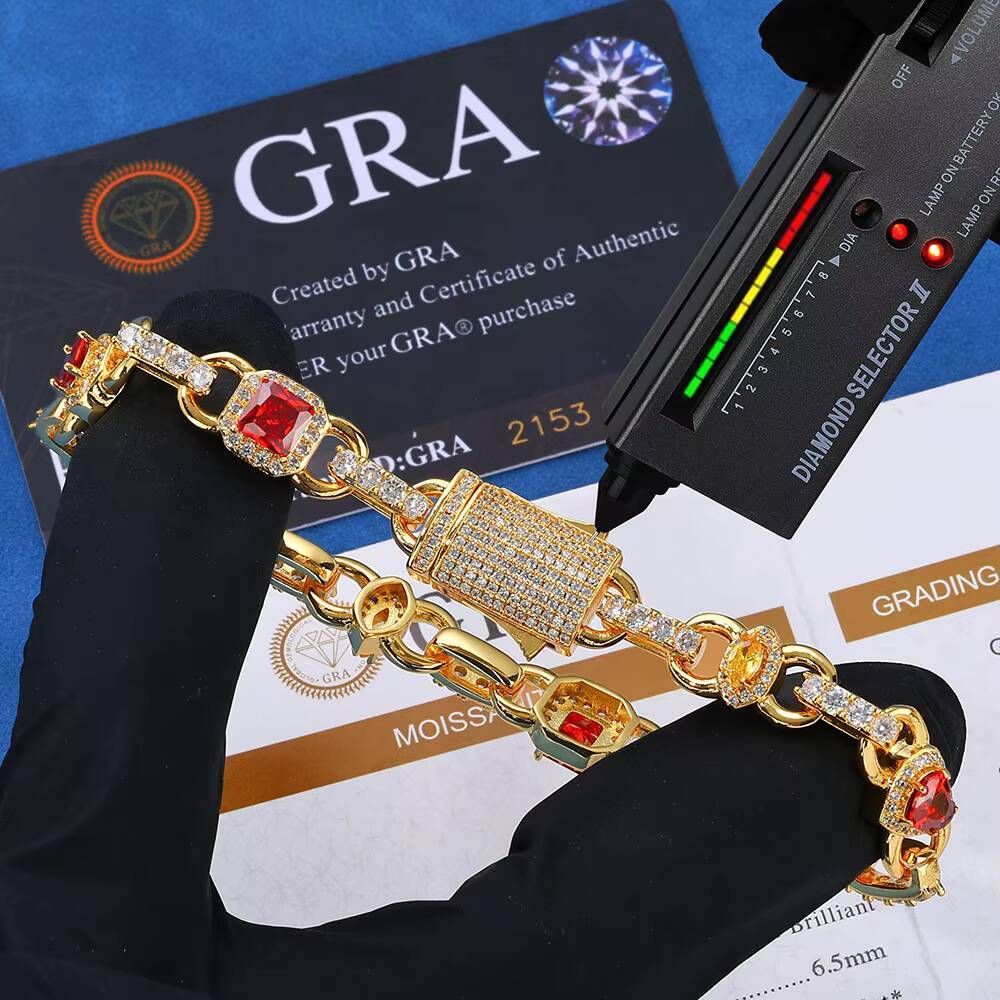 NUOYA Luxury 10mm Heart Tennis Bracelet 925 Silver Iced Out VVS Moissanite Red Zircon Hip Hop Fine Jewelry