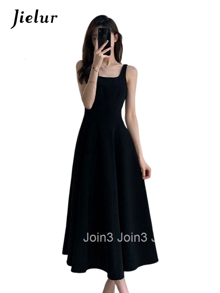 Jielur French Style Black Spaghetti Strap Female Dresses Summer Slim Waist Elegant Evening Womens Dresses Birthday Party Dress